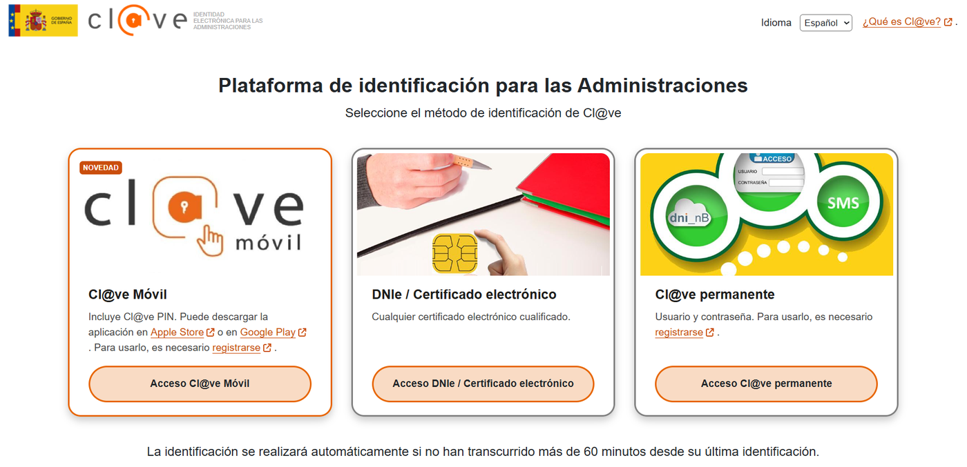 Selección del método de identificación en la pasarela Cl@ve para SES Hospedajes