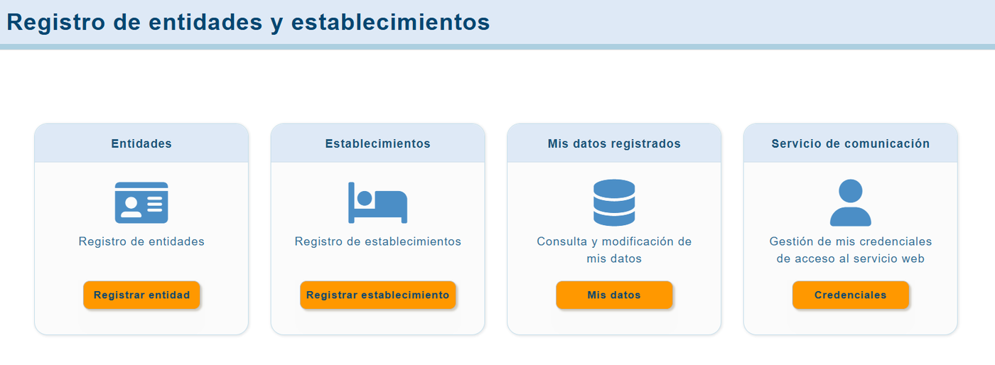 Menú de registro de entidades y establecimientos de SES Hospedajes con las opciones Entidades, Establecimientos, Mis datos registrados y Servicio de comunicación