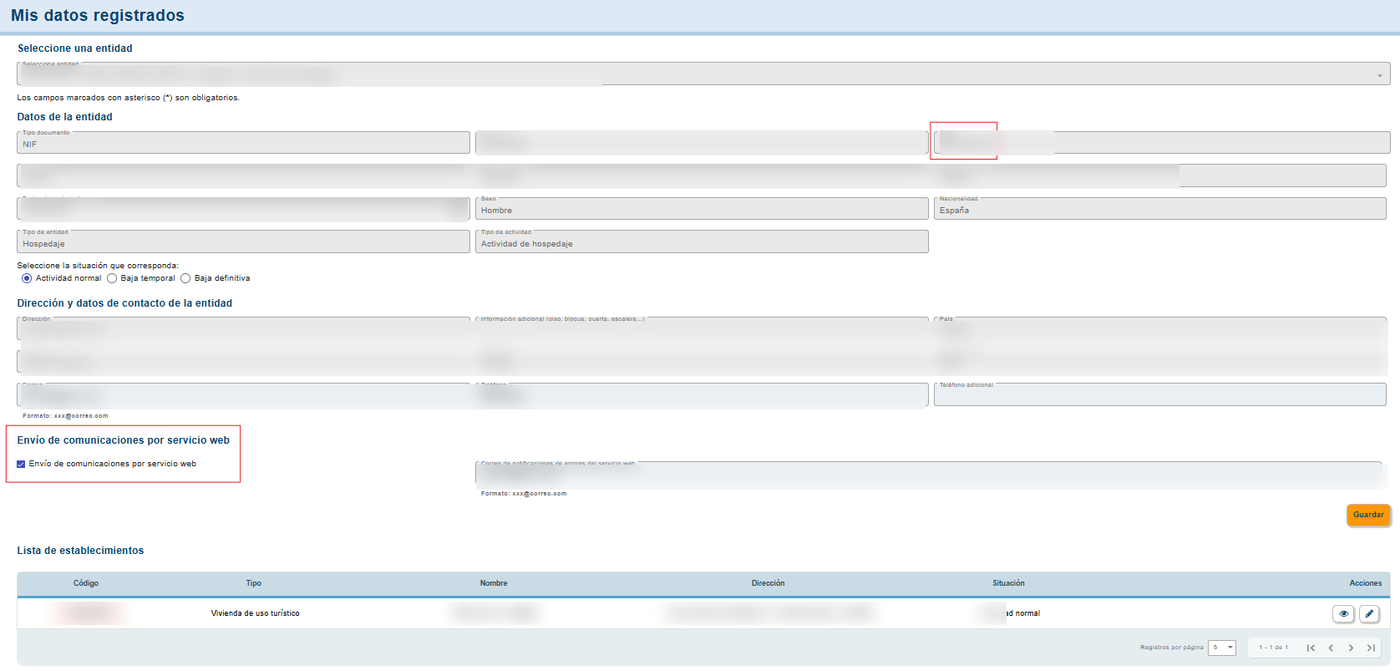Pantalla Mis datos registrados de SES Hospedajes con el código de entidad y el código de establecimiento señalados