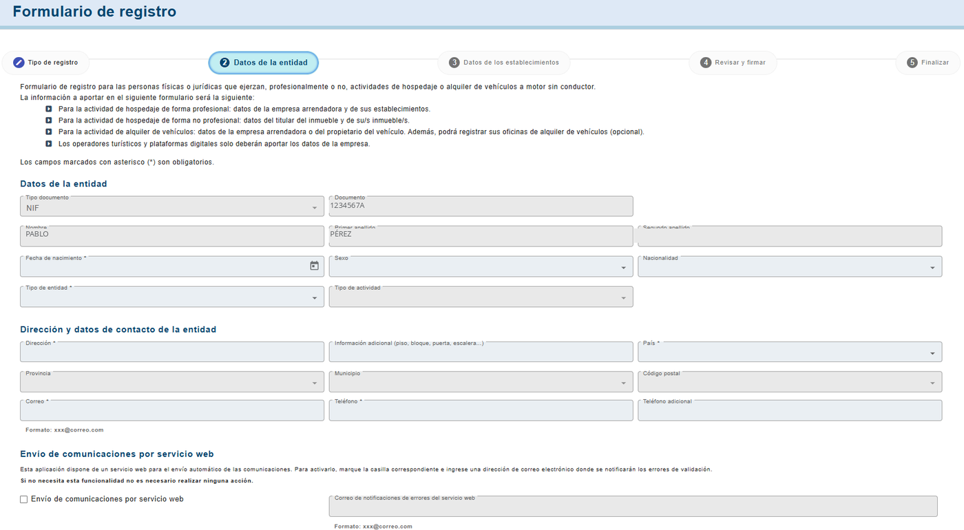 Formulario de datos de la entidad en el registro de SES Hospedajes, con documento, nombre, apellidos y datos de contacto del titular