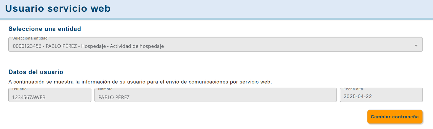 Pantalla Usuario servicio web de SES Hospedajes con el nombre de usuario formado por el DNI seguido de WS