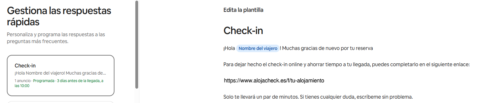 Respuesta rápida de Airbnb llamada Check-in, programada 3 días antes de la llegada, con el saludo personalizado y el enlace de check-in online de Alojacheck
